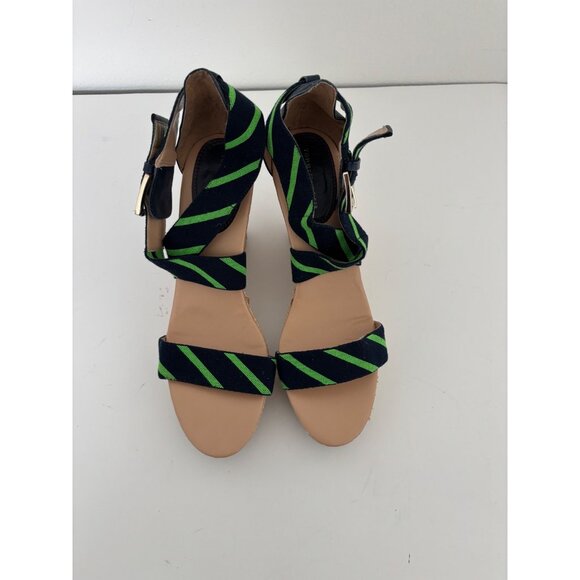 Tommy Hilfiger Sandals 10 Wedge Navy Green Striped Espadrille Preppy Nautical - Picture 5 of 16
